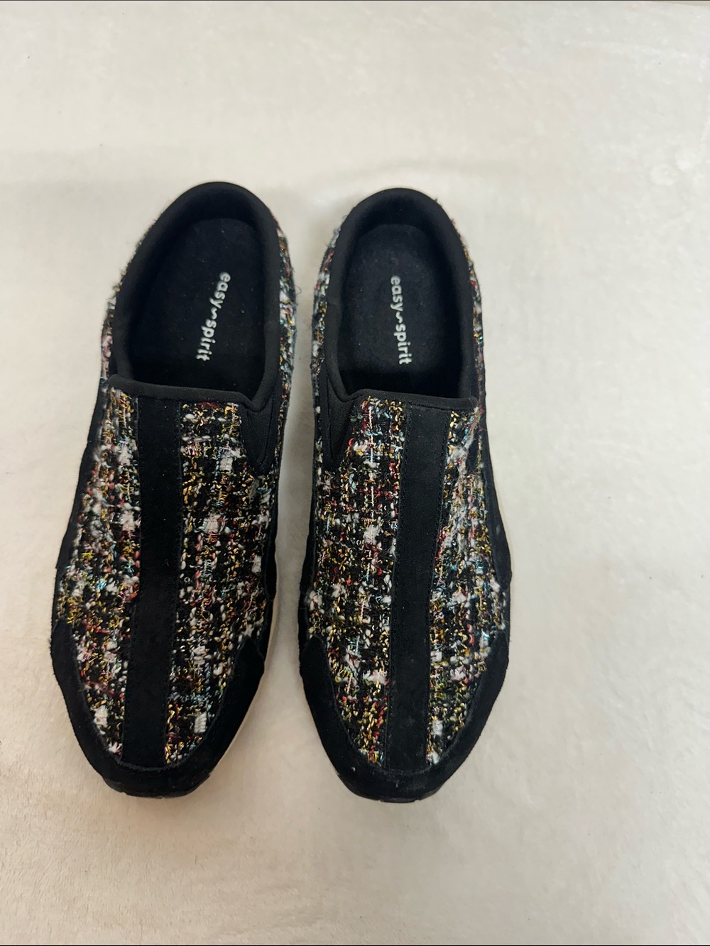 Easy Spirit Black Slip-On Loafers with Multicolor Tweed